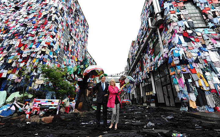 Thursday April 26 2012 Joanna Lumley OBE and Marc Bolland (M&S CEO) at the launch of 'shwopping'. Using 5 minutes worth of UK clothing waste - 9513 pieces - M&S transformed a London street to show how it plans to give old clothes a future through its new fashion initiative.